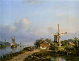 Windmill Canvas Paintings - Figures on a Canal near a Windmill